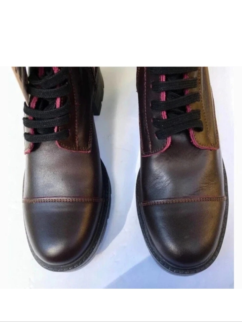 Dark Brown Leather Lace-Up Boots with Burgundy Accents
